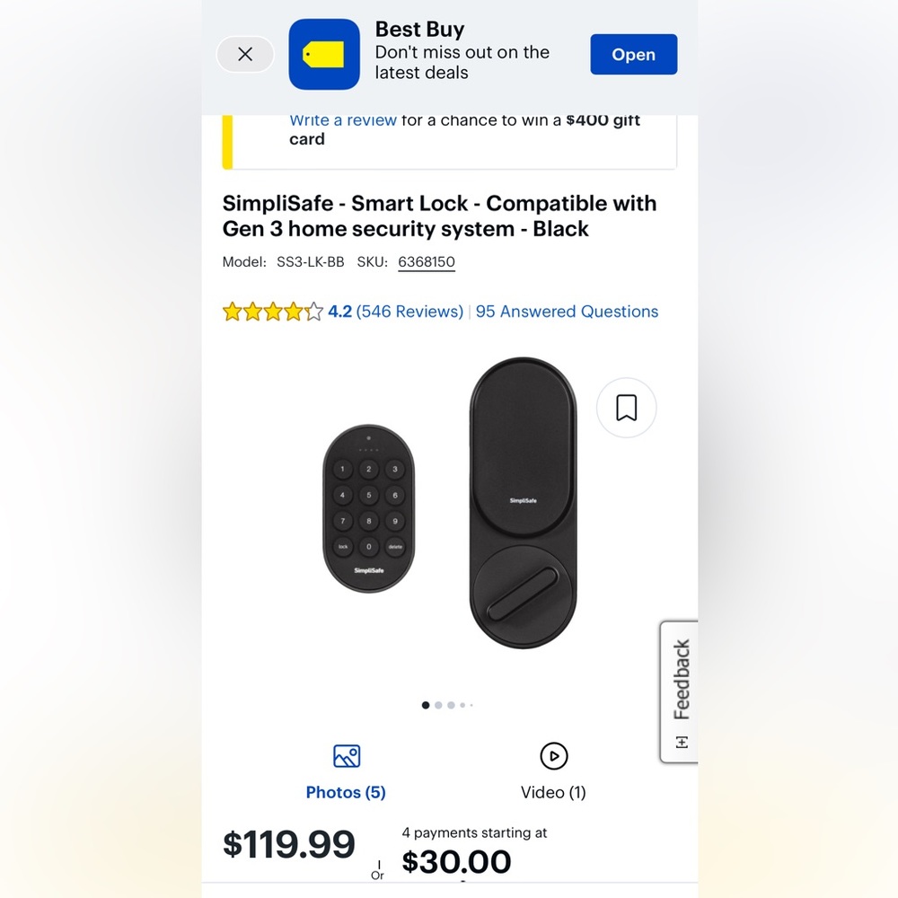 Simplisafe door lock. NEW